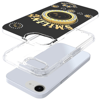 For Apple iPhone 17E /16E Smiling Glitter Bling Ornament Hybrid Shockproof Stylish Sparkle Design Secure Grip Durable Protection Case Cover Black