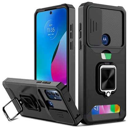 Phone Case for Moto G Play (2023) Card Holder Magnetic Ring Stand Shockproof Anti Slip Wallet Grip Protective Hybrid Design Cover Black