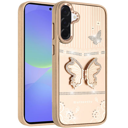 For Samsung Galaxy A37 Glitter 3D Butterfly Design Bling Metallic Edge Hybrid Stand Drop Protection TPU Shockproof Case Cover