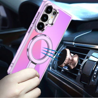 For Samsung Galaxy S25 Ultra Chrome Hybrid with Rotating Magnetic Circle Ring Stand, Slim Shockproof Hybrid Case Cover