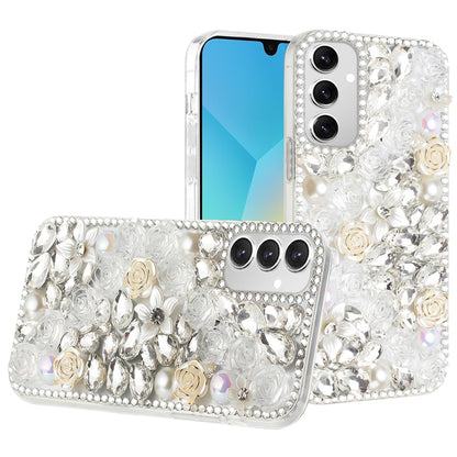 For Samsung Galaxy S26+ / S26 Plus Fashion Rose Flower Floral, 3D Bling Crystal Full Diamonds Pearl Sparkle Rhinestone Glitter Hybrid Case Cover