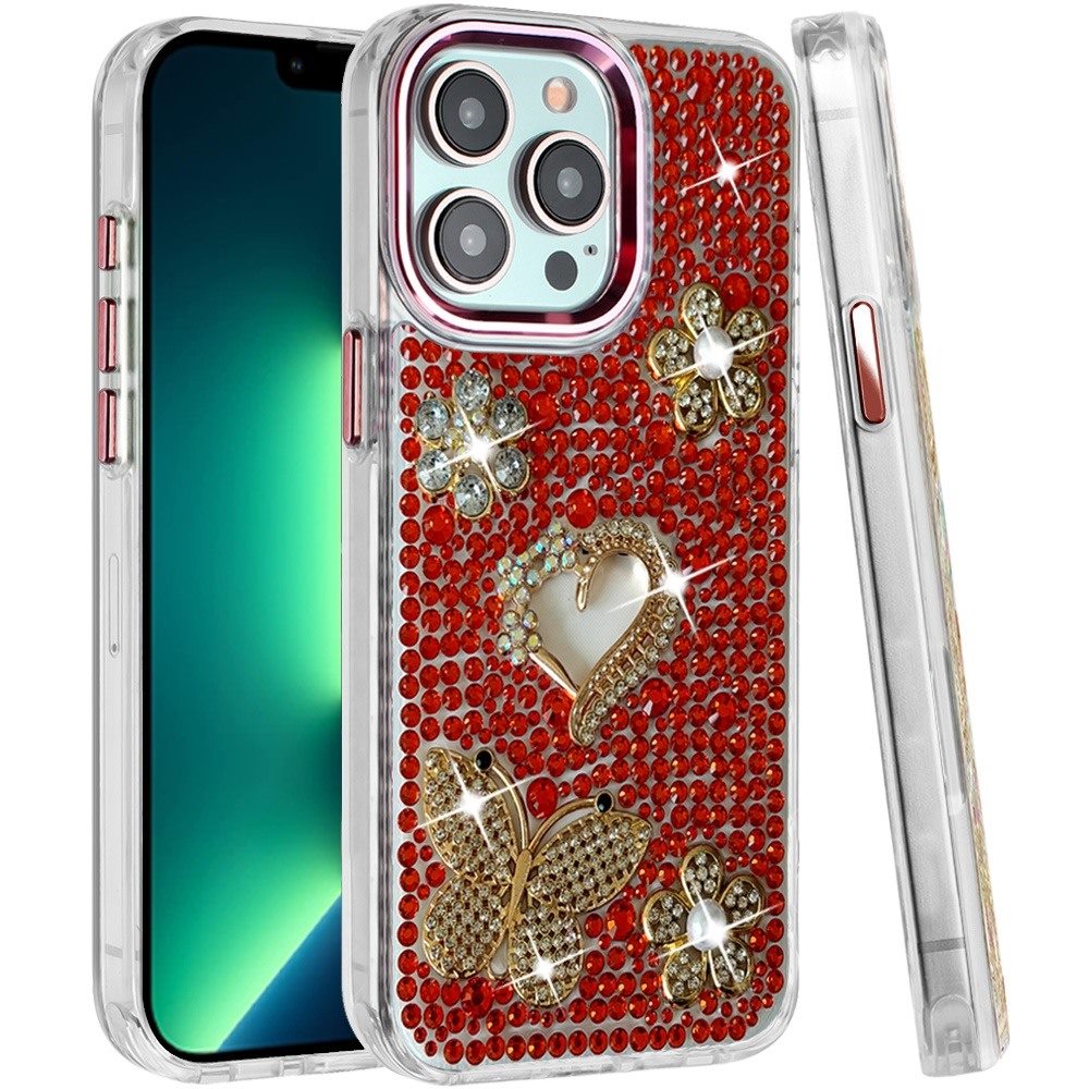 Phone Case for Apple iPhone 13 Pro Max Luxury Crystal Butterfly Floral Jeweled Heart Full Diamond Design, Sparkling Decorative Details, Elegant Style Cover