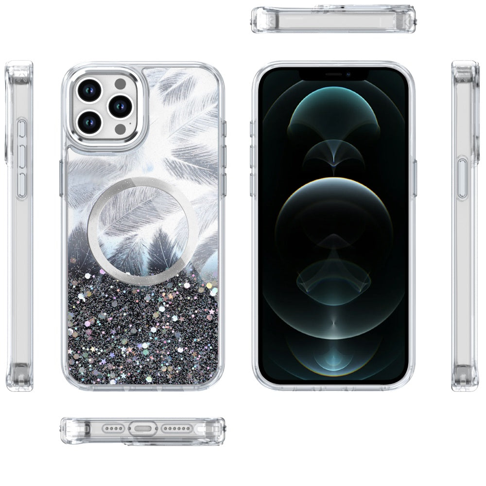 For Apple iPhone 15 Pro Max Epoxy Glitter Shimmer Fashion Case with Magnetic Magsafe Compatible Hybrid Sparkling Slim Protective Case Cover Black