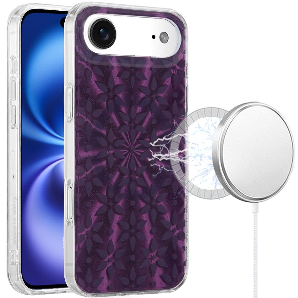 For Apple iPhone 17 Stylish Pattern Fashion IMD Printed Design TPU Double Layer Slim Shockproof with Magnetic Back Case Cover Flowers Mandala Purple