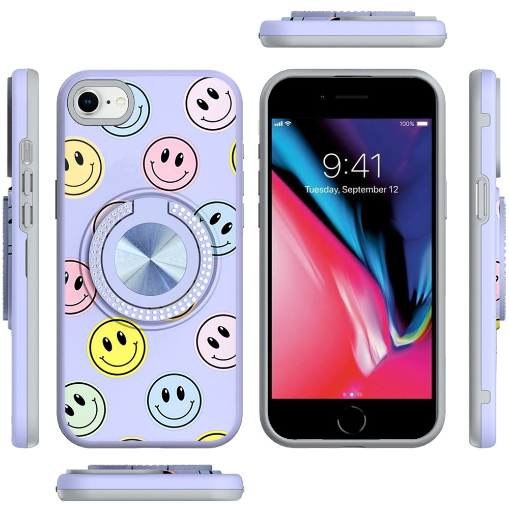 For Apple iPhone SE 3 (2022) SE/8/7 Pattern Design Hybrid with Invisible Ring Stand & Magnetic Back, Shockproof Protective Grip Case Cover