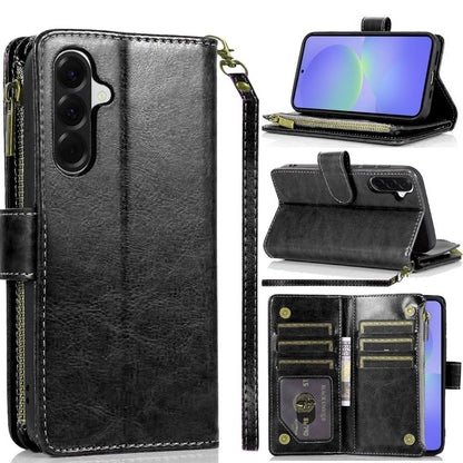 For Samsung Galaxy A37 Leather Wallet Case with Zipper, 9 Card Slots, Cash Pocket, Stand & Strap, Clutch Pouch Design Case Cover Black