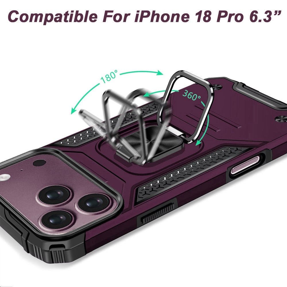 Phone Case for Apple iPhone 18 Pro Magnetic Car Mount Hybrid Ring Stand Shockproof Rugged Grip Armor Heavy Duty Protective TPU Durable Cover Purple