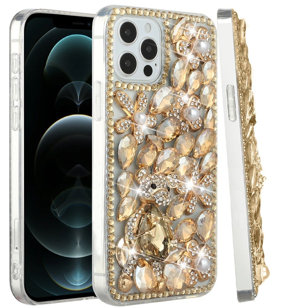 Phone Case for Apple iPhone 12 Pro Max Luxury Full Diamond Glitter 3D Floral Ornament Hybrid Shockproof Stylish Rhinestone Designer Protective Elegant Cover