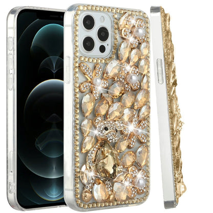 Phone Case for Apple iPhone 12 Pro Max Luxury Full Diamond Glitter 3D Floral Ornament Hybrid Shockproof Stylish Rhinestone Designer Protective Elegant Cover