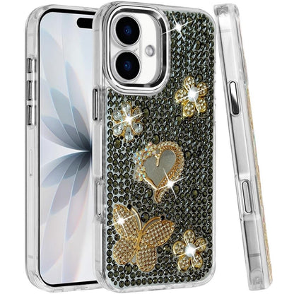 Phone Case for Apple iPhone 17/ iPhone 18 Luxury Crystal Butterfly Floral Jeweled Heart Full Diamond Design, Sparkling Decorative Details, Elegant Style Cover Black