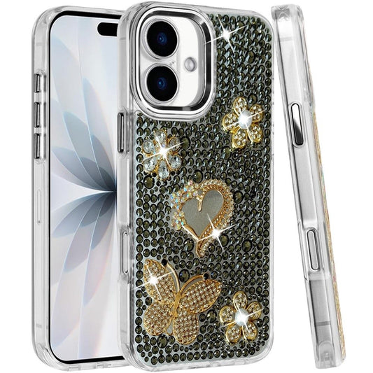 Phone Case for Apple iPhone 17/ iPhone 18 Luxury Crystal Butterfly Floral Jeweled Heart Full Diamond Design, Sparkling Decorative Details, Elegant Style Cover Black