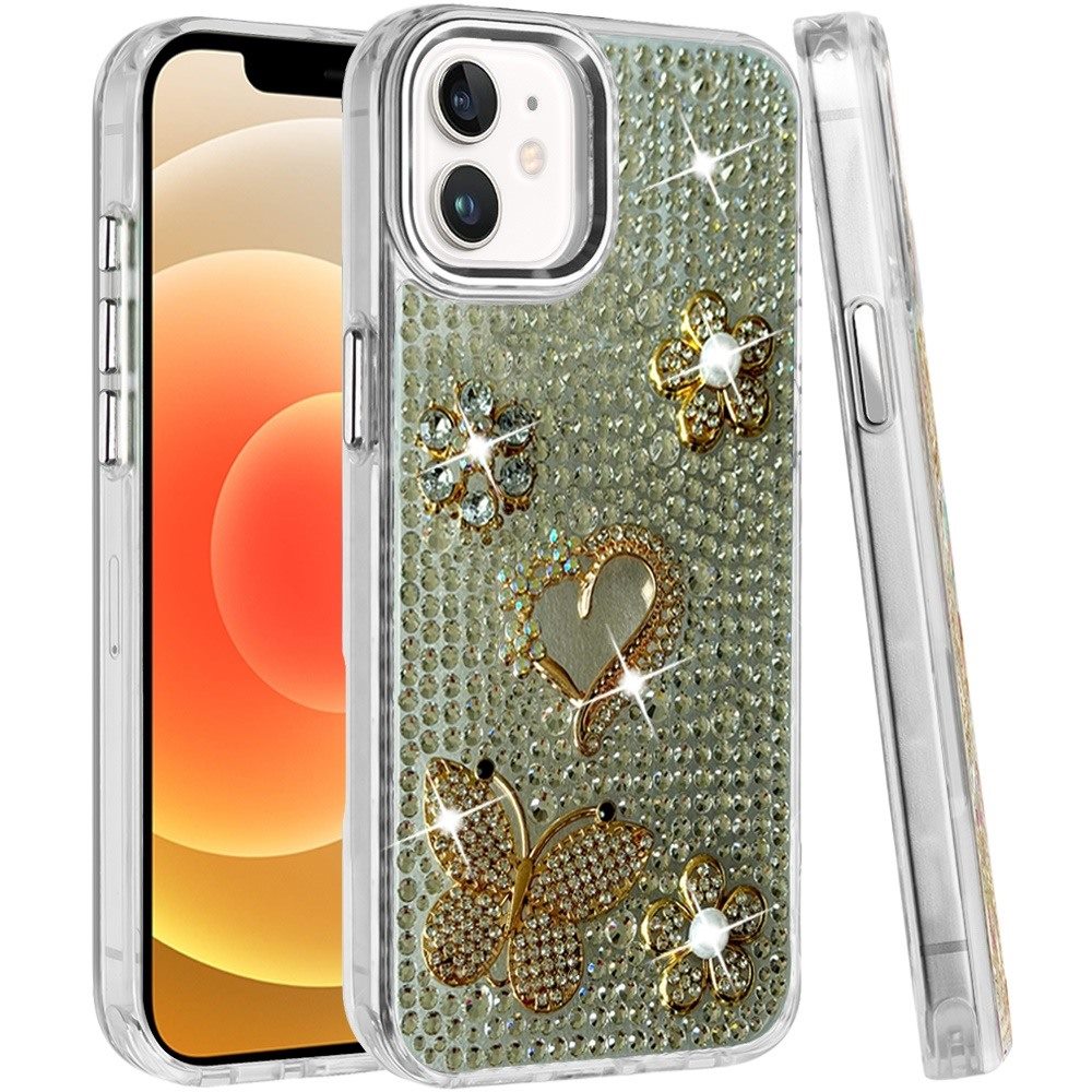 Phone Case for Apple iPhone 12 /12 Pro Luxury Crystal Butterfly Floral Jeweled Heart Full Diamond Design, Sparkling Decorative Details, Elegant Style Cover