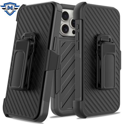 For Apple iPhone 16 Pro Max (6.9") Premium Design Hybrid lined with Belt Clip Holster Shockproof Rugged Textured 2in1 Non Slip Tough Case Cover Black
