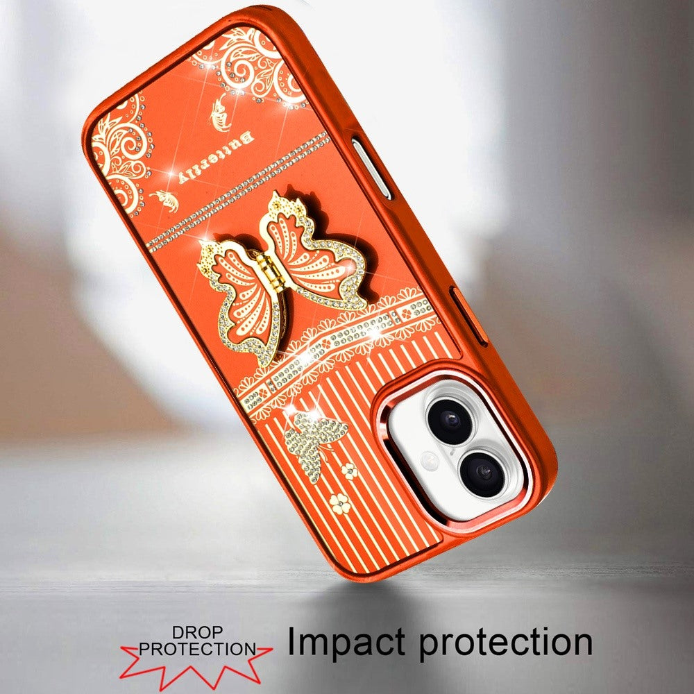 For Apple iPhone 17 (6.3") Glitter 3D Butterfly Design Bling Metallic Edge Hybrid Stand Drop Protection TPU Shockproof Case Cover