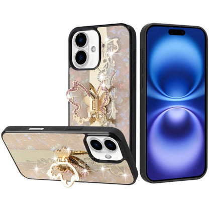 For Apple iPhone 17 (6.3") Diamonds 3D Fashion Bling Sparkly Glitter Ornaments Engraving Hybrid with Ring Stand Case Cover