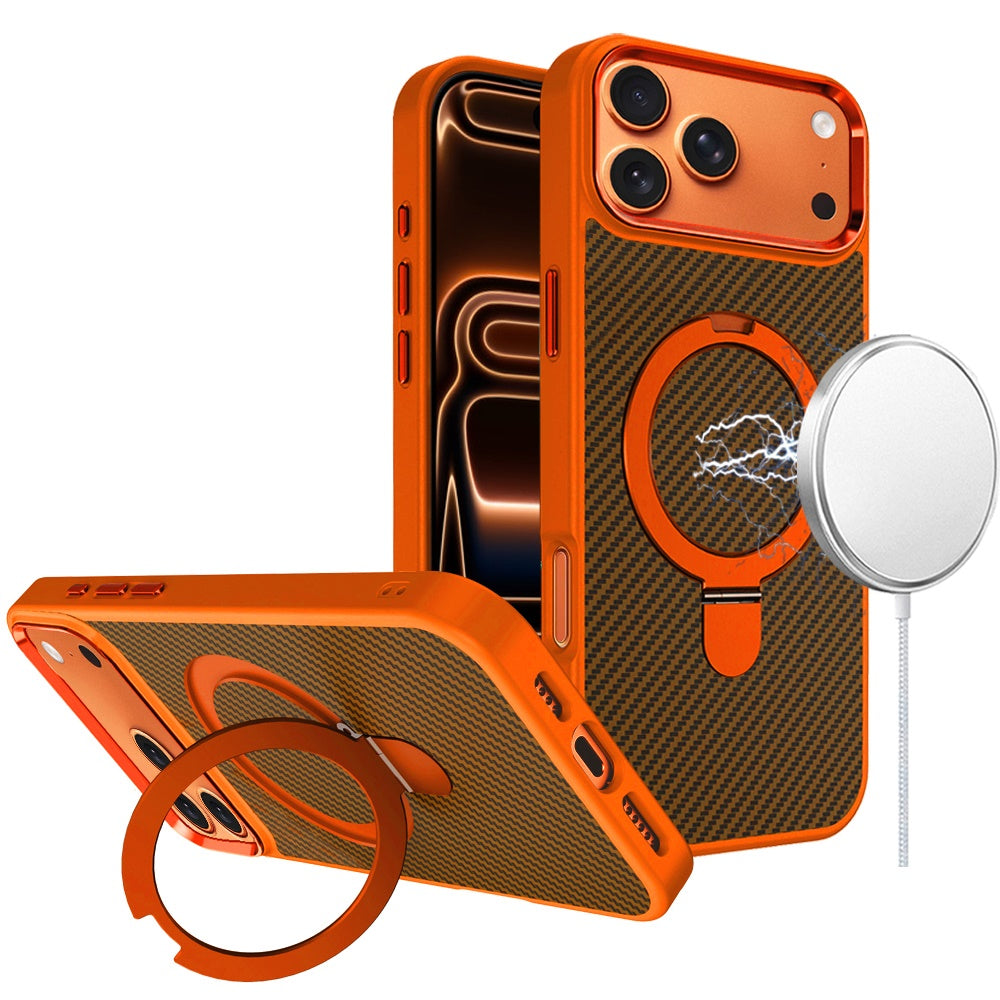Phone Case for Apple iPhone 17 Pro Max (6.9") Carbon Fiber Magnetic Ring Stand Hybrid Shockproof AntiSlip Grip Kickstand Military Drop Protection Matte Finish Cover Cosmic Orange