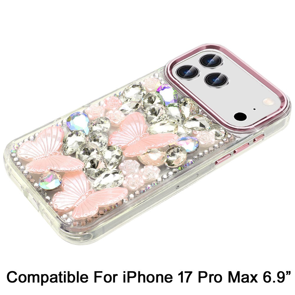 Phone Case for Apple iPhone 17 Pro Max Luxury 3D Floral Butterfly Bling Rhinestone Glitter Shockproof Stylish Protective Hybrid Designer Metallic Cover Pink