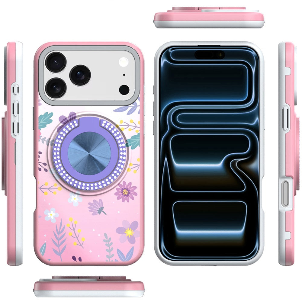 For Apple iPhone 17 Pro Max Pattern Design Hybrid with Invisible Ring Stand & Magnetic Back, Shockproof Protective Grip Case Cover