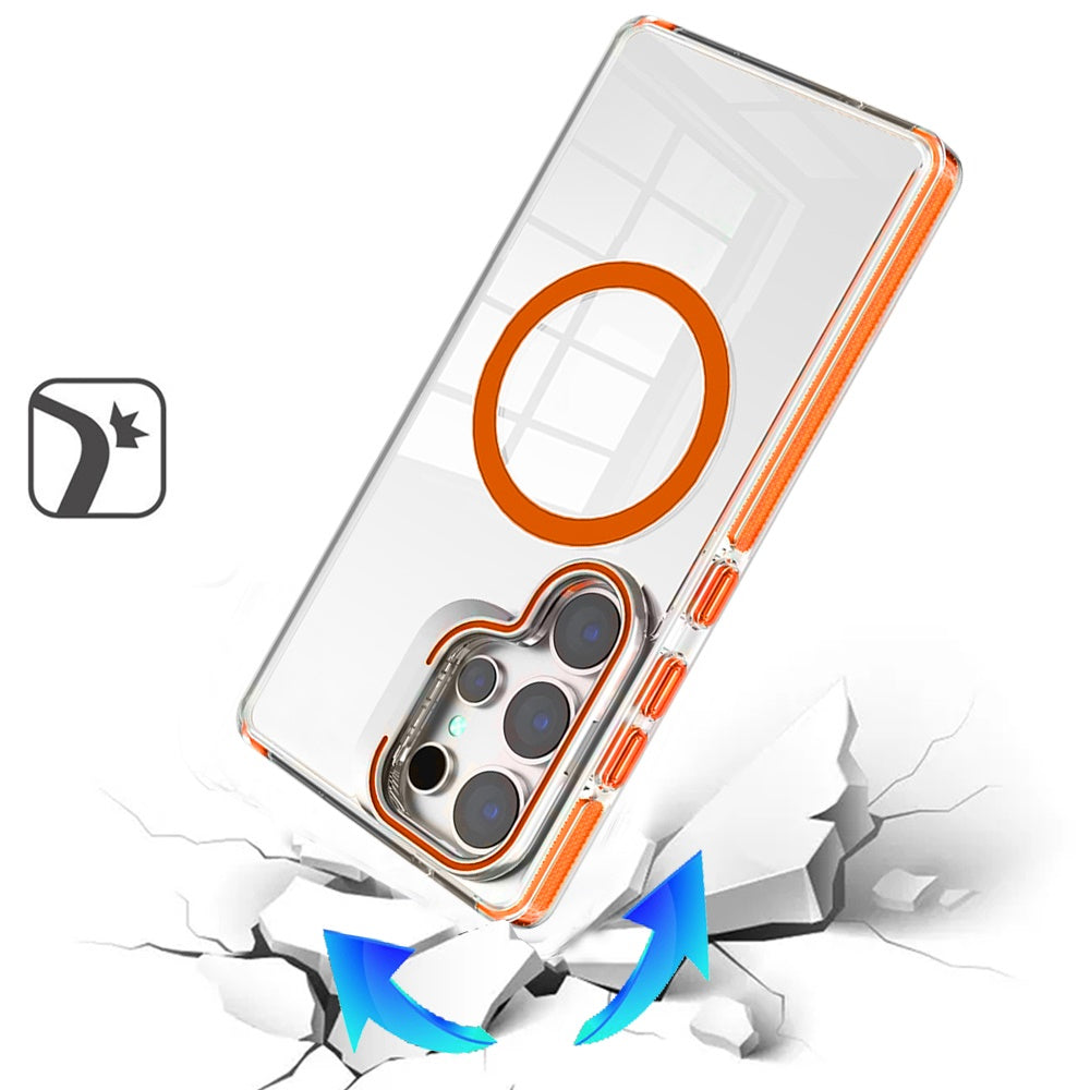 Phone Case for Samsung Galaxy S25 Ultra Magnetic Circle Transparent Tough Hybrid Camera Stand Guard Stand Shockproof Color Edge Rugged Grip Cover Cosmic Orange