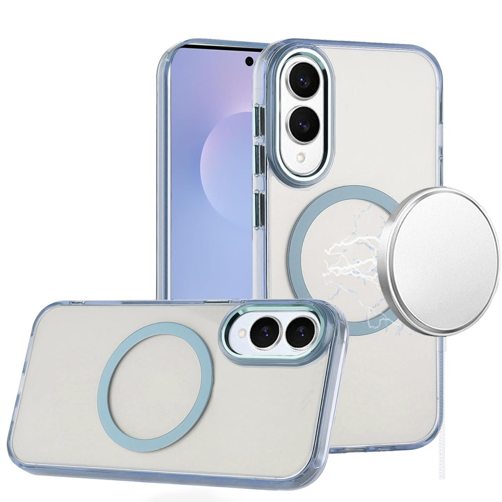 For Samsung Galaxy S25 EDGE Transparent Back Hybrid Case - Magnetic Circle, Color Frame, Metal Buttons, MagSafe Compatible Case Cover