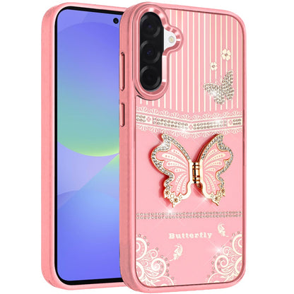 Phone Case for Samsung Galaxy A37 / A36 Glitter Bling Butterfly Stand Metallic Edge Hybrid Shockproof Grip Durable Camera Protection Stylish Design Cover Pink