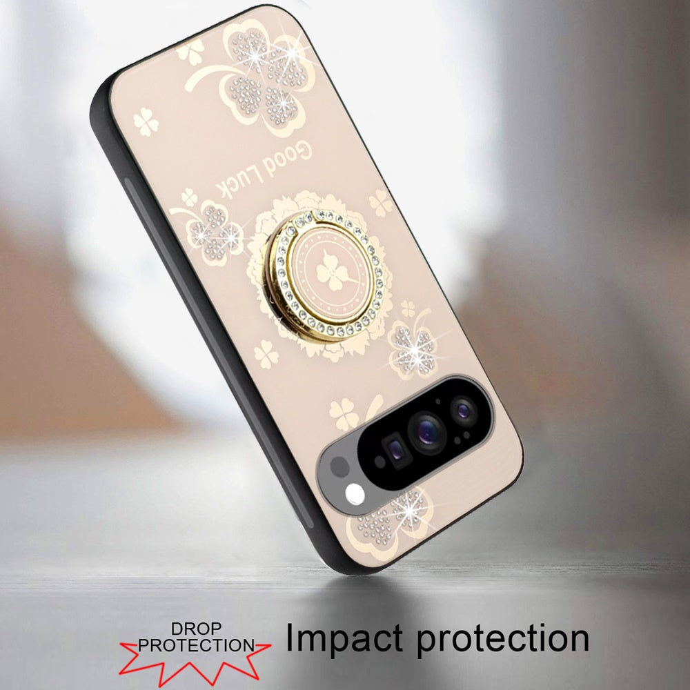 For Google Pixel 9, 9 Pro Diamonds 3D Butterfly Bling Sparkly Glitter Ornaments Engraving Hybrid with Stand Fashion Case Cover Good Luck Floral Gold
