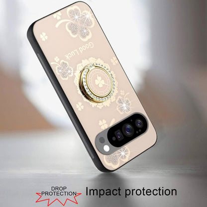 For Google Pixel 9, 9 Pro Diamonds 3D Butterfly Bling Sparkly Glitter Ornaments Engraving Hybrid with Stand Fashion Case Cover Good Luck Floral Gold