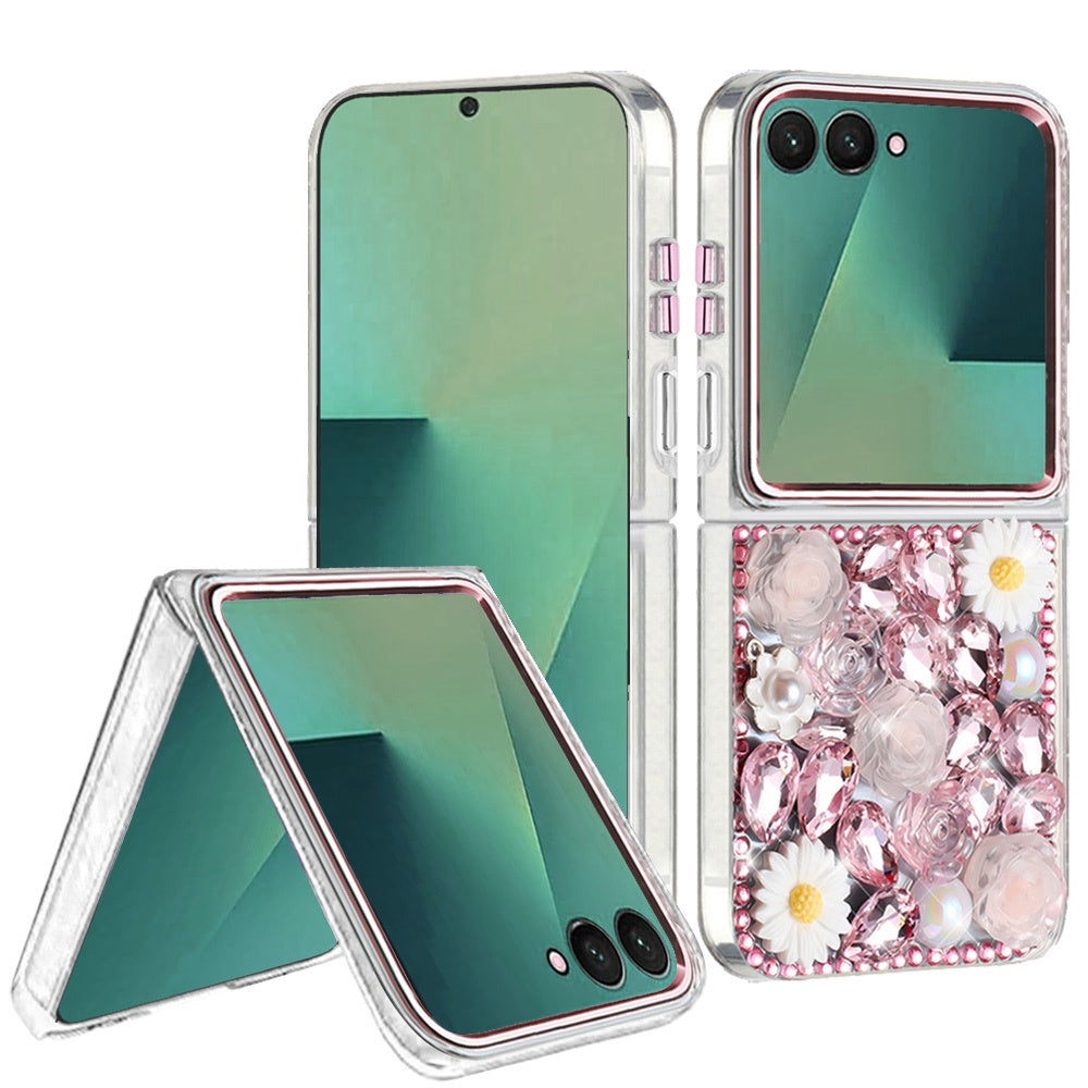 Phone Case for Samsung Galaxy Z Flip 7 Full Bling Rhinestone Glitter Floral Luxury Hybrid Shockproof Stylish Sparkling Protective Designer Ornament Cover Pink