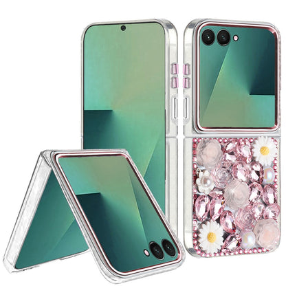 Phone Case for Samsung Galaxy Z Flip 7 Full Bling Rhinestone Glitter Floral Luxury Hybrid Shockproof Stylish Sparkling Protective Designer Ornament Cover Pink