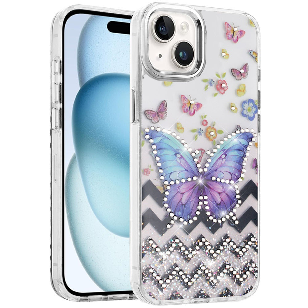 Phone Case for Apple iPhone 15 Butterfly Resin Epoxy Diamond Bling Metal Edge Shockproof Hybrid Luxury Protective Durable Stylish Fashion Grip Cover