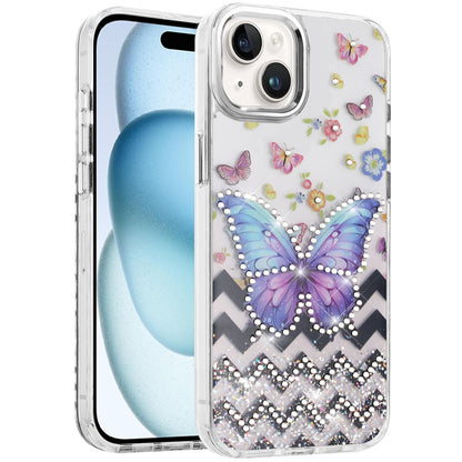 Phone Case for Apple iPhone 15 Butterfly Resin Epoxy Diamond Bling Metal Edge Shockproof Hybrid Luxury Protective Durable Stylish Fashion Grip Cover