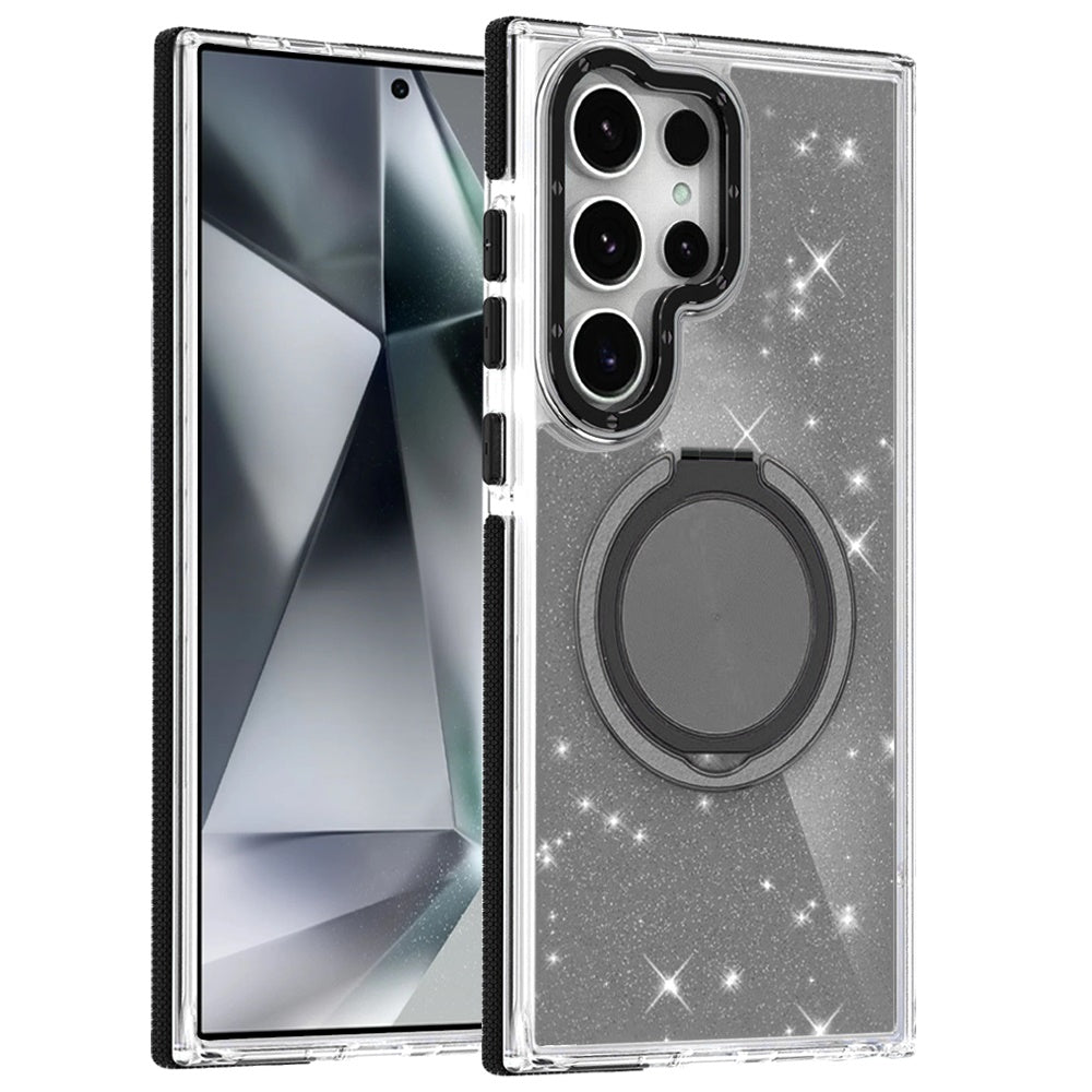 Phone Case for Samsung Galaxy S24 Ultra Magnetic Hybrid 360 Rotating Ring Kickstand Tough Hard PC Soft TPU Glitz Shimmer Glitter Shock Absorbing Cover Black