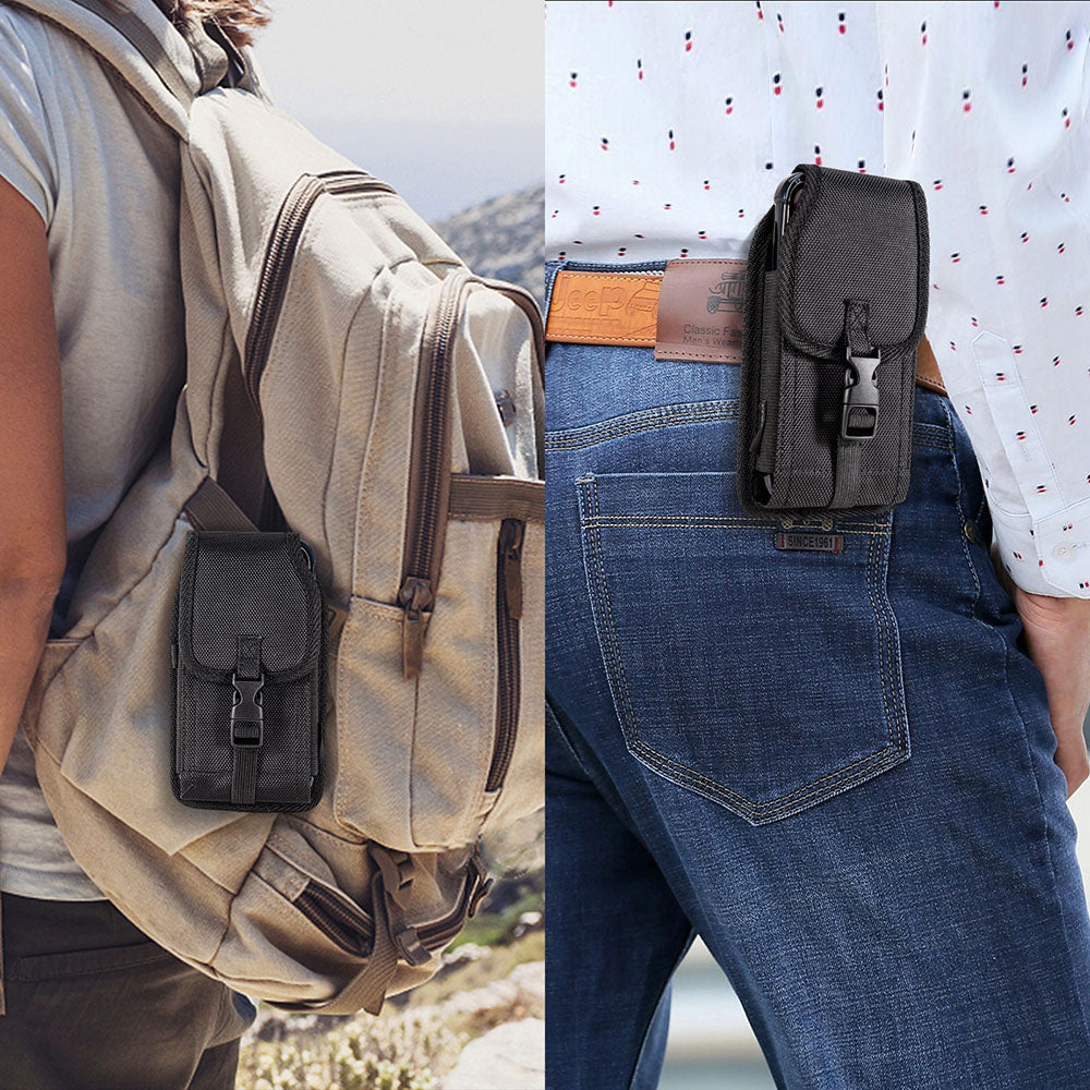 For Apple iPhone 16 (6.1") Universal Pouch Case Vertical Phone Holster Nylon Cover with Front Buckle, Belt Clip Loop & Hook Carabiner [Black]