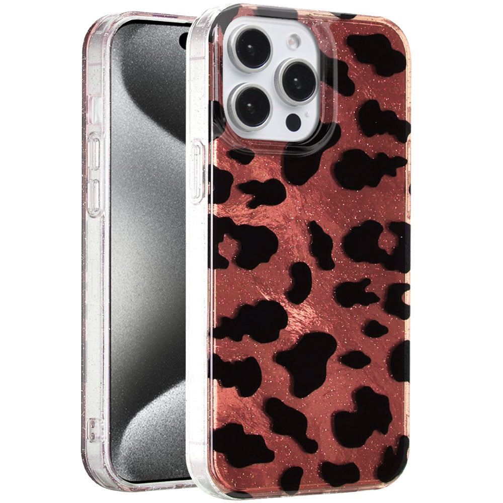 For Apple iPhone 15 Pro Max Glitter Leopard, Fashion Design Animal Skin Print Slim IMD TPU Dual Layer Shockproof Protective Case Cover