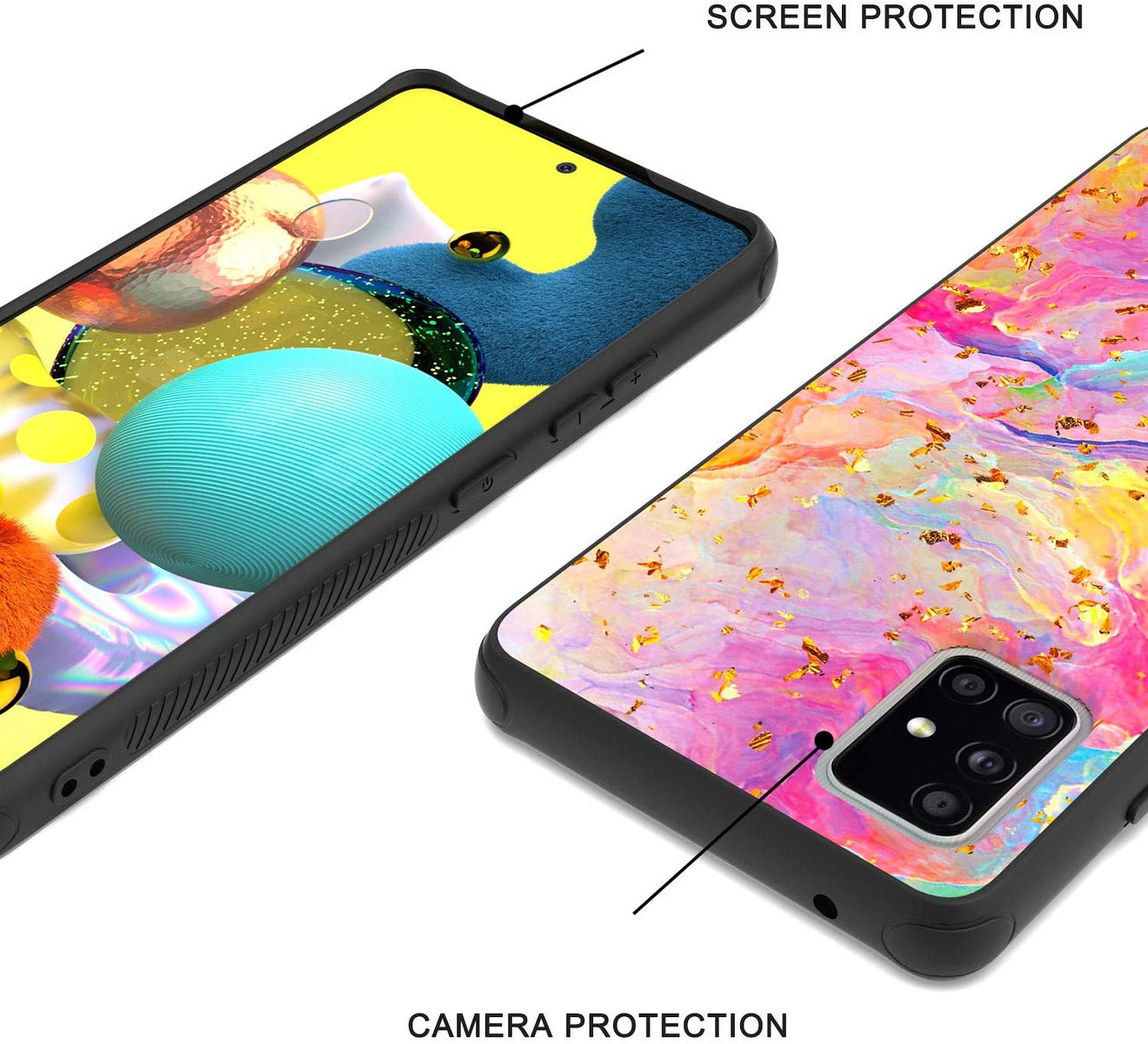 For Apple iPhone 15 Pro (6.1") Marble Fashion Stylish Flake Glitter Bling Hybrid Glossy TPU Rubber Hard PC Protection Marble Colorful Rainbow Phone Case Cover