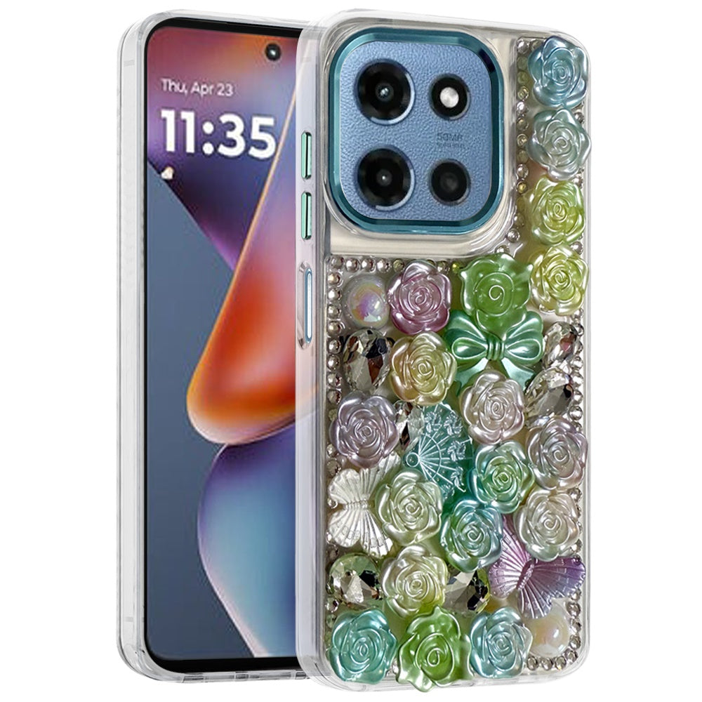 For Motorola Moto G 5G 2026/2025 3D Diamond Floral Roses Flower Bling Stone Hybrid, Sparkly Rhinestone Gemstone Back Shockproof Case Cover