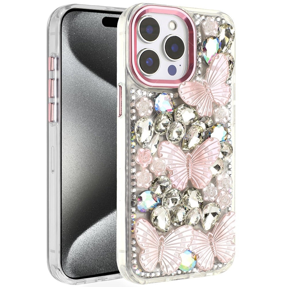 Phone Case for iPhone 15 Pro (6.1") Luxury 3D Floral Butterfly Bling Rhinestone Glitter Shockproof Stylish Protective Hybrid Designer Metallic Cover