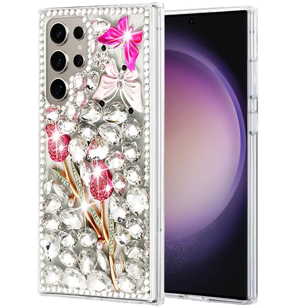 Phone Case for Samsung Galaxy S23 Ultra Luxury Full Diamond Glitter 3D Floral Ornament Hybrid Shockproof Stylish Rhinestone Designer Protective Elegant Cover