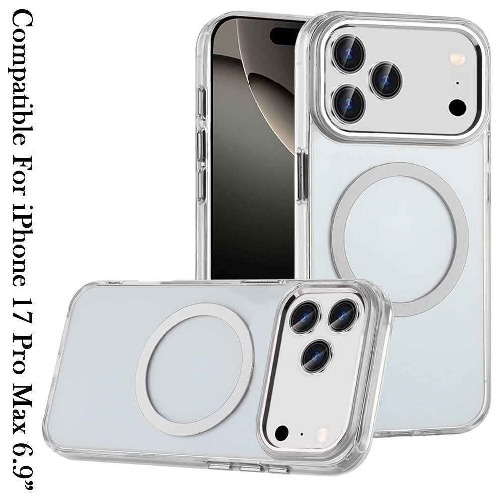 For Apple iPhone 17 Pro Max (6.9") Transparent Back Hybrid Case - Magnetic Circle, Color Frame, Metal Buttons, MagSafe Compatible Case Cover