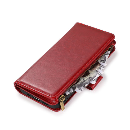 For Apple iPhone 16 (6.1") Leather Zipper Wallet Case 9 Credit Card Slots Cash Money Pocket Clutch Pouch Stand & Strap Case Cover Red