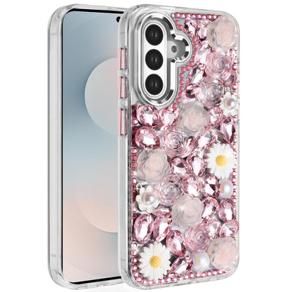 For Samsung Galaxy S25 FE, S25 Fan Edition Fashion Daisy Floral Series, Full 3D Bling Crystal Diamonds Sparkling Rhinestone Glitter Hybrid Design Case Cover White