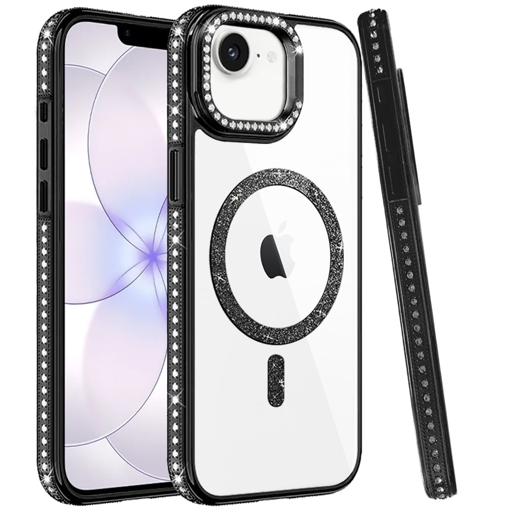 Phone Case for Apple iPhone 16E, Apple iPhone 17E Luxury Diamond Bling Edged Magnetic Glitter Shockproof Hybrid with Camera Kickstand Durable Grip Cover