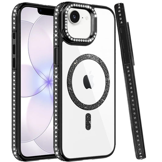 Phone Case for Apple iPhone 16E, Apple iPhone 17E Luxury Diamond Bling Edged Magnetic Glitter Shockproof Hybrid with Camera Kickstand Durable Grip Cover