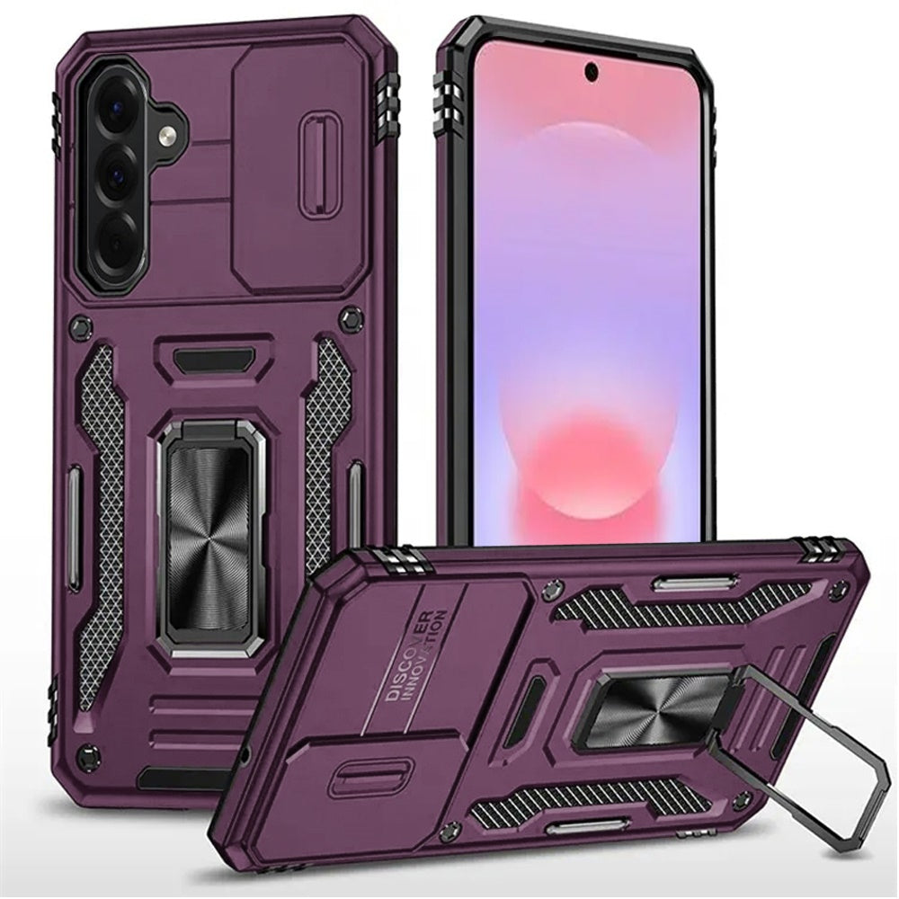 Phone Case for Samsung Galaxy A37 Tough Metal Ring Shockproof Sliding Camera Window Hybrid Armor Rugged Anti Slip Heavy Duty Grip Cover Purple