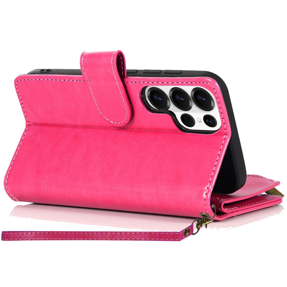 Phone Case for Samsung Galaxy S26 Ultra Luxury Leather Wallet Card Holder Zipper Pocket Money Storage Protective Grip Design with Strap Cover Pink