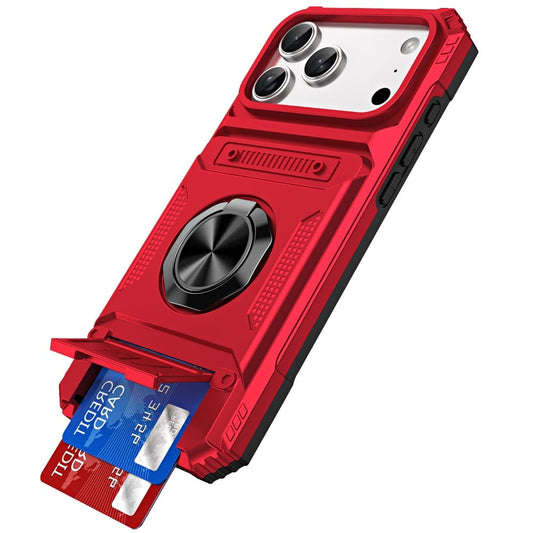 Phone Case for Apple iPhone 18 Pro Max Multi Functional Card Slot Shockproof Metal Ring Hybrid Wallet Rugged Protective Grip Heavy Duty Durable Cover Red