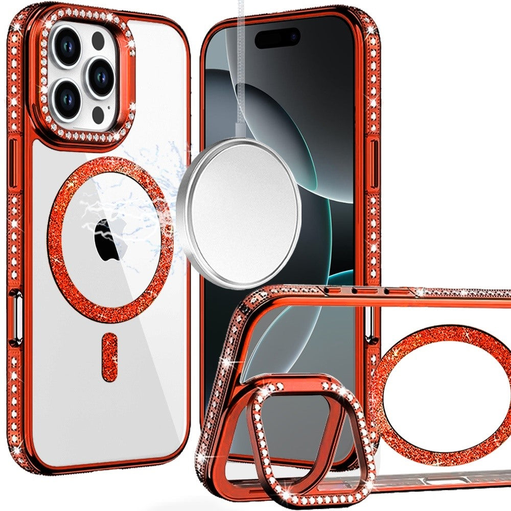 Phone Case for Apple iPhone 16 Pro Max Luxury Diamond Bling Edged Magnetic Glitter Shockproof Hybrid with Camera Kickstand Durable Grip Cover Orange