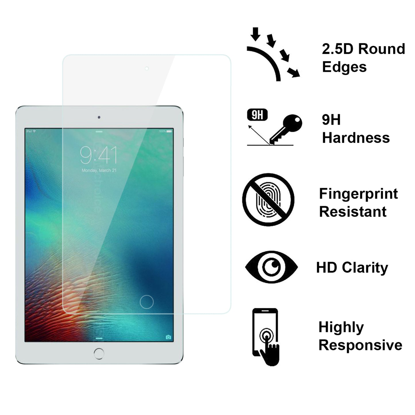 For Apple New iPad 9.7 inch Tempered Glass Screen Protector 9H Hardness, Touchpad Compatible, Case Friendly, Bubble Free, AB Glue, Ultra HD Protector Clear