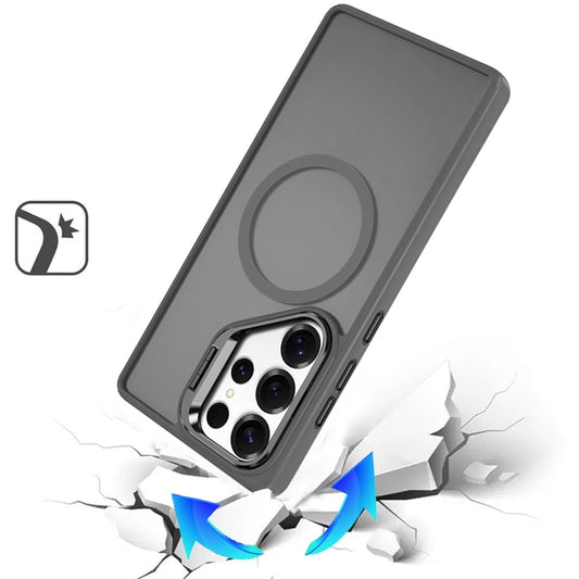 Phone Case for Samsung Galaxy S25 Ultra Metallic Magnetic Camera Stand Shockproof Hybrid Grip Camera Lens Protection Kickstand Rugged Durable Armor Cover Gray