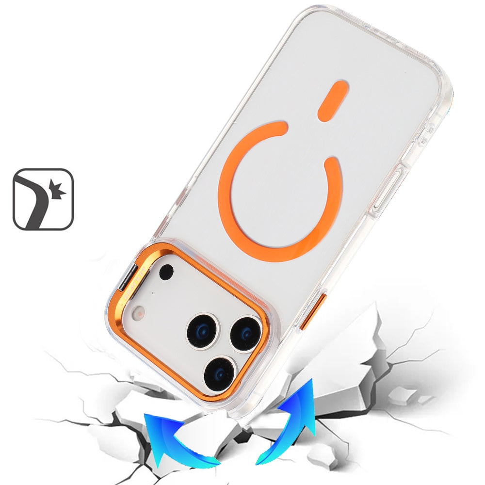 Phone Case for Apple iPhone 17 Pro Max (6.9") Clear Metallic Camera Stand Magnetic Hybrid TPU Shockproof Grip Camera Protection Kickstand Durable Armor Cover Cosmic Orange